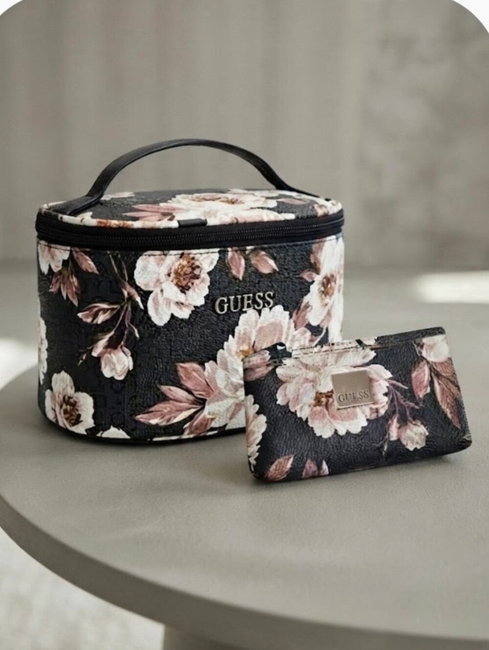 NWOT Guess Floral Makeup Bag Train Case & Pouch 2-Piece Set